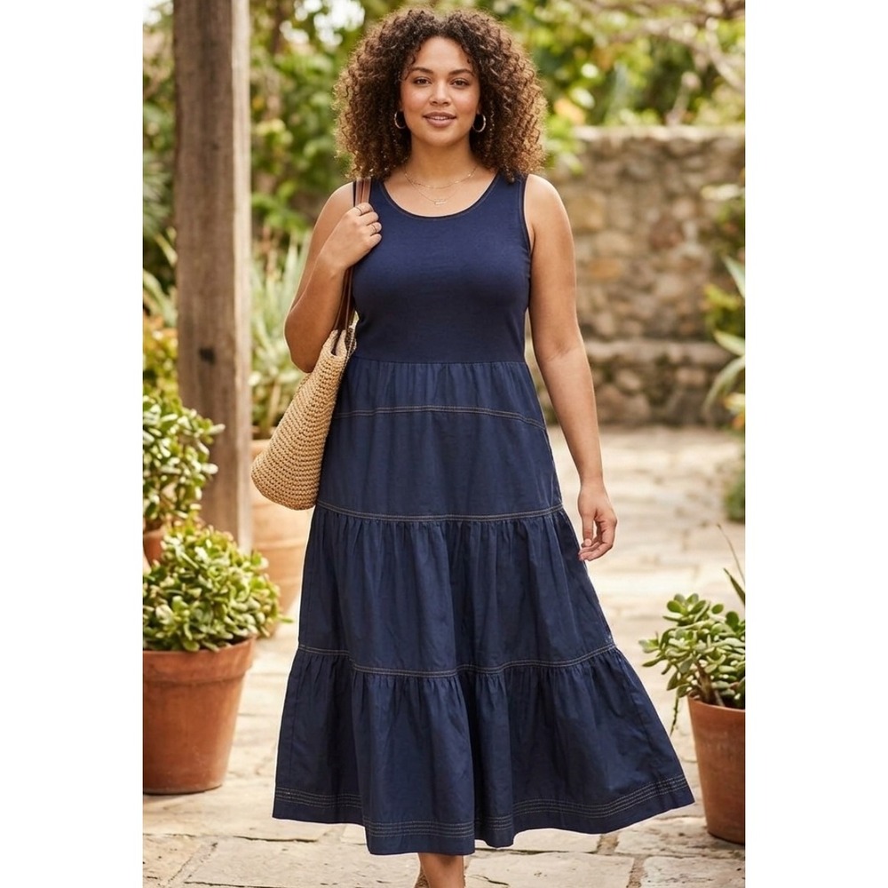 Tahari Maxi Dress XL Navy Blue Sleeveless Tiered Cotton Boho Casual Summer
